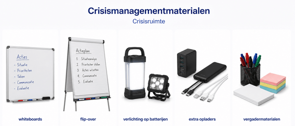 Crisismanagementmaterialen voor in crisisruimten tijdens een noodsituatie bij bedrijven