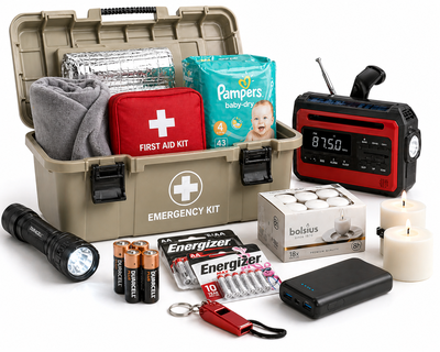 Gevarieerd noodpakket met noodradio, EHBO-set, zaklamp, noodfluitje en luiers