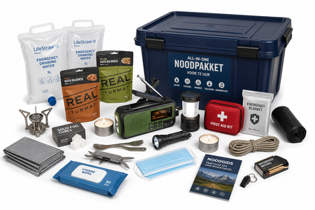 Noodpakket met noodrantsoen, multitool, EHBO-set, isolatiedeken, noodradio, touw en waxinelichtjes