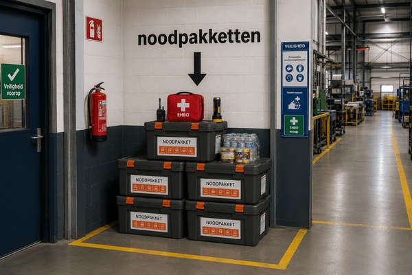 Noodpakketten in een fabriekshal
