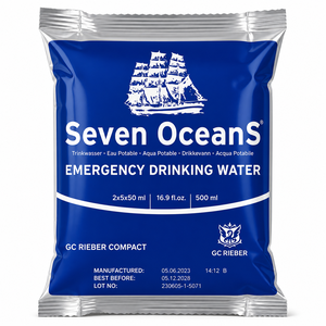 Seven Oceans, zakje drinkwater, noodrantsoen