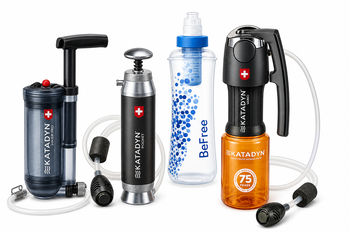 Vier Kadadyn waterfilters, Hiker Pro transparant, Pocket, BeFree en Vario