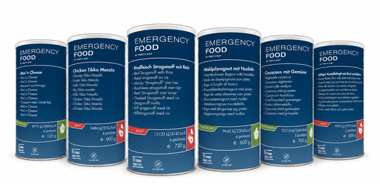 Vijf blikken Trek'n Eat Emergency Food met verschillende noodmaaltijden