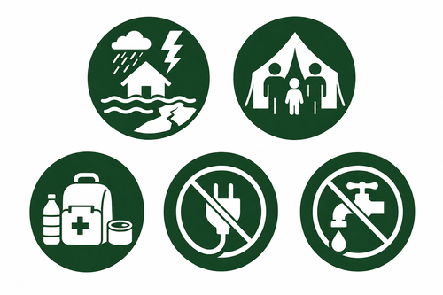 Afbeelding met symbolen voor symbolen voor natuurrampen, humanitaire noodhulp, noodpakket, stroomstoring en wateruitval