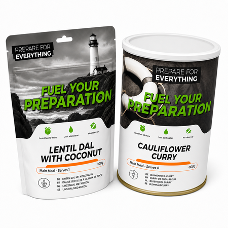 Fuel Your Preparation, een zak linzendal met kokos en een blik bloemkoolcurry
