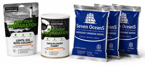 Fuel Your Preparation noodrantsoen en Seven Oceans drinkwaterzakjes