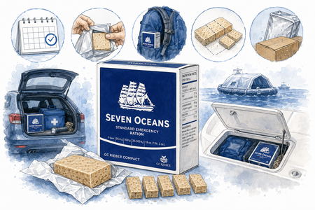 Illustratie van Seven Oceans-noodrantsoen met repen, stevige verpakking en noodtoepassingen voor auto, rugzak, boot en reddingsvlot
