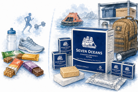 Illustratie waarin sportrepen worden vergeleken met Seven Oceans-noodrantsoen met stevige verpakking, noodrugzak en reddingsvlot