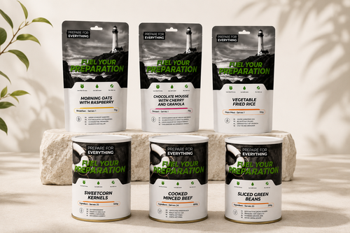 Productafbeelding met drie Fuel Your Preparation zakken en drie blikken