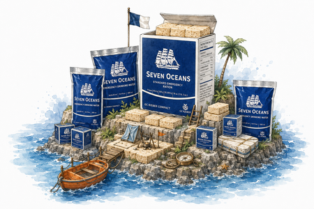 Seven Oceans-noodrantsoen als mini-overlevingseiland met drinkwaterzakken, repen, kleine voorraadboxen en maritieme reddingsdetails