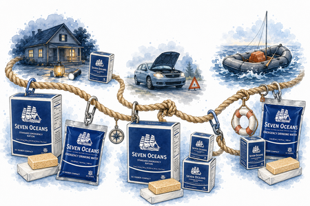 Seven Oceans-noodrantsoenen en drinkwaterzakken als reddingslijn tussen thuis, auto en boot tijdens noodsituaties