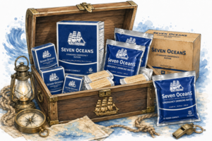 Seven Oceans-noodrantsoenen en drinkwaterzakken gepresenteerd als waardevolle noodvoorraad in een open maritieme schatkist