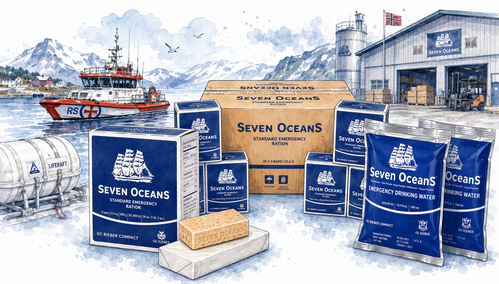 Seven Oceans-noodrantsoenen en drinkwaterzakken in een maritieme Noorse havenomgeving
