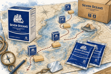 Seven Oceans-noodrantsoenen en drinkwaterzakken op een zeekaart met kompas, route, repen en reddingsvlot