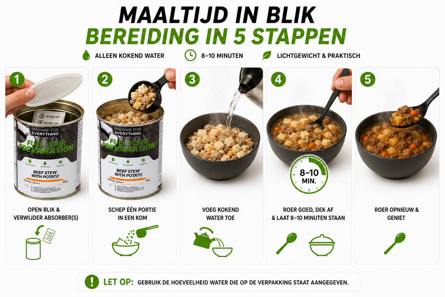 Uitleg bereiding noodranstoen van Fuel Your Preparation in blik