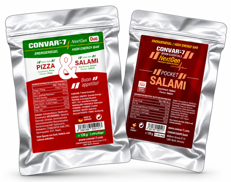 CONVAR-7 NextGen Energy Bar met de smaken Duo Pizza & Salami en Pocket Salami