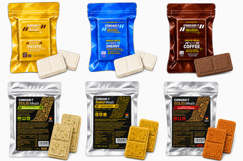 Drie CONVAR-7 NextGen verpakkingen en drie CONVAR Solid Meal verpakkingen