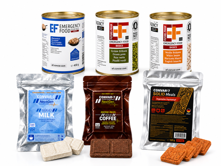 Drie blikken EF Emergency Food, twee CONVAR-7-repen en een Solid Meal