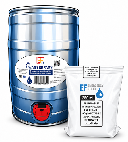 Emergency Food drinkwatervatje van 5 liter en een Emergency Food drinkwaterzakje van 500 ml