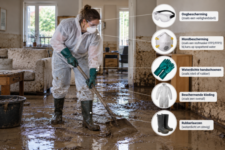 Een vrouw maakt haar huis schoon na overstroming. Ze draagt beschermende kleding, rubberlaarzen, waterdichte handschoenen, oogbescherming en een stofmasker