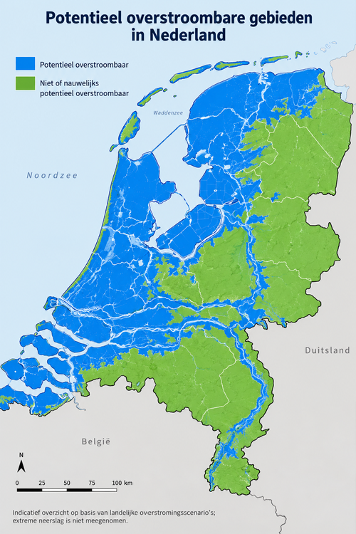 Kaart met potentieel overstroombare gebieden in Nederland