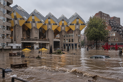 Overstroming bij de kubuswoningen in Rotterdam