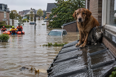 Redingsploeg redt hond en poes tijdens watersnood