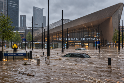 Watersnood bij het Centraal Station in Rotterdam